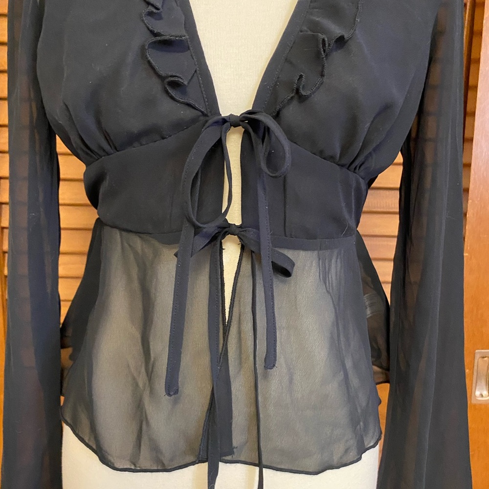Whimsigoth Black Sheer Ruffle Tie-Front Blouse - Picture 2 of 4